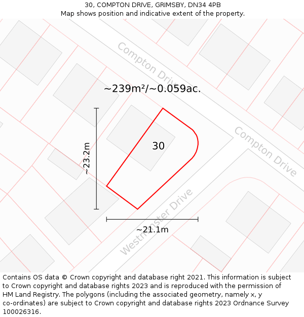 30, COMPTON DRIVE, GRIMSBY, DN34 4PB: Plot and title map