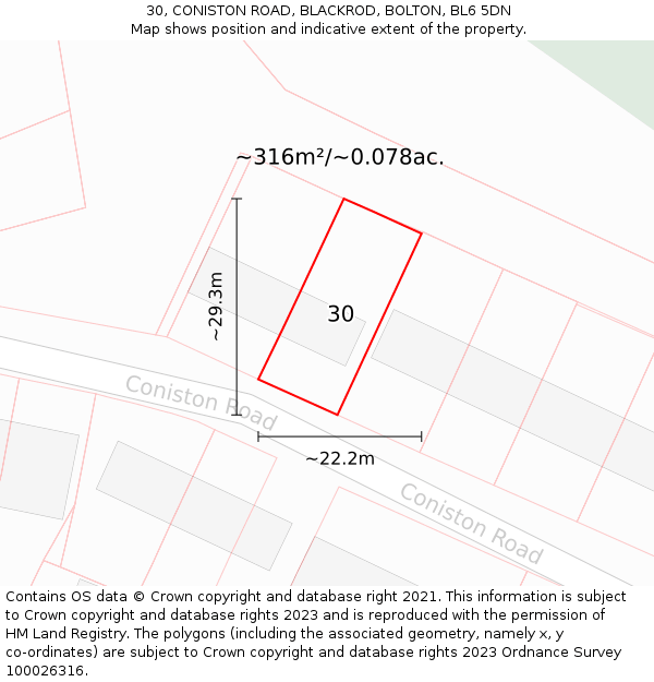 30, CONISTON ROAD, BLACKROD, BOLTON, BL6 5DN: Plot and title map