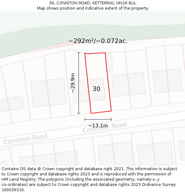 30, CONISTON ROAD, KETTERING, NN16 8UL: Plot and title map