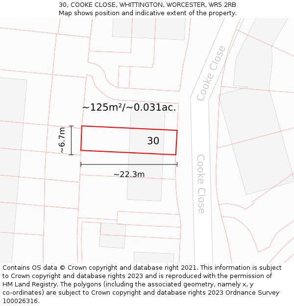 30, COOKE CLOSE, WHITTINGTON, WORCESTER, WR5 2RB: Plot and title map