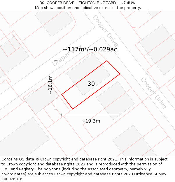 30, COOPER DRIVE, LEIGHTON BUZZARD, LU7 4UW: Plot and title map