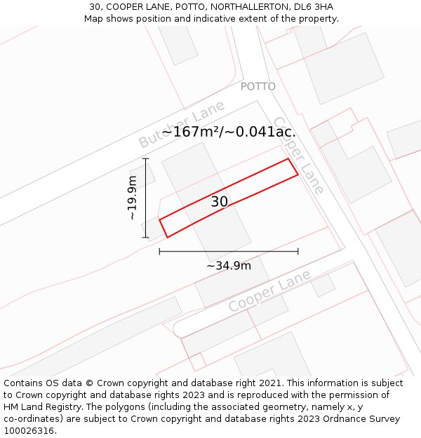 30, COOPER LANE, POTTO, NORTHALLERTON, DL6 3HA: Plot and title map