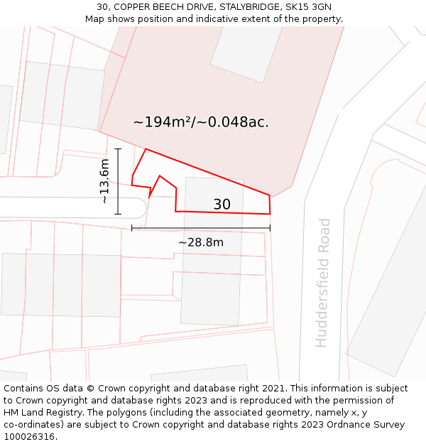 30, COPPER BEECH DRIVE, STALYBRIDGE, SK15 3GN: Plot and title map