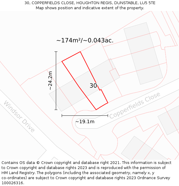 30, COPPERFIELDS CLOSE, HOUGHTON REGIS, DUNSTABLE, LU5 5TE: Plot and title map