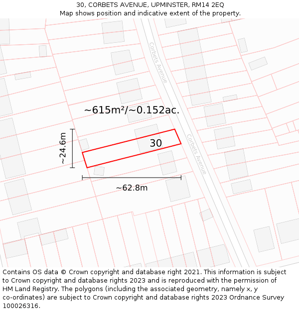 30, CORBETS AVENUE, UPMINSTER, RM14 2EQ: Plot and title map