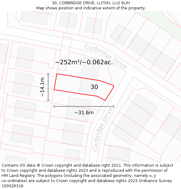 30, CORBRIDGE DRIVE, LUTON, LU2 9UH: Plot and title map