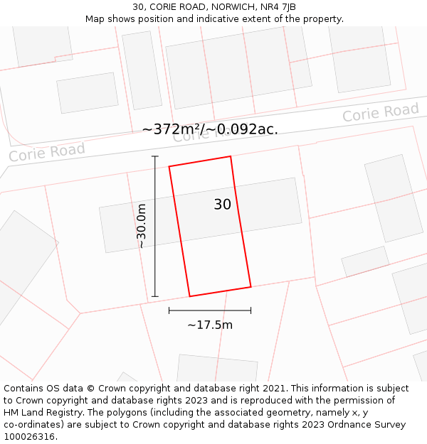 30, CORIE ROAD, NORWICH, NR4 7JB: Plot and title map