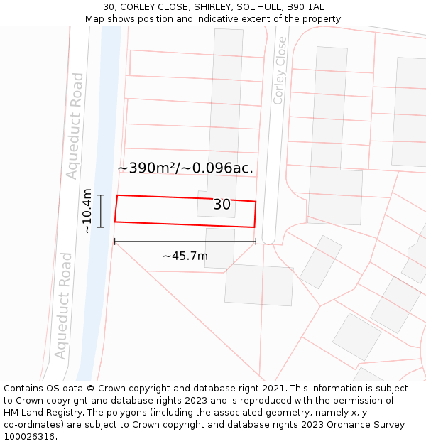 30, CORLEY CLOSE, SHIRLEY, SOLIHULL, B90 1AL: Plot and title map