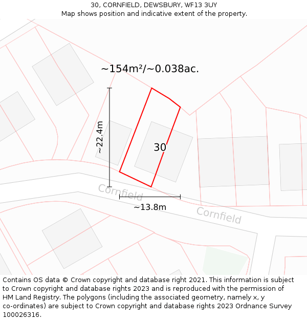 30, CORNFIELD, DEWSBURY, WF13 3UY: Plot and title map