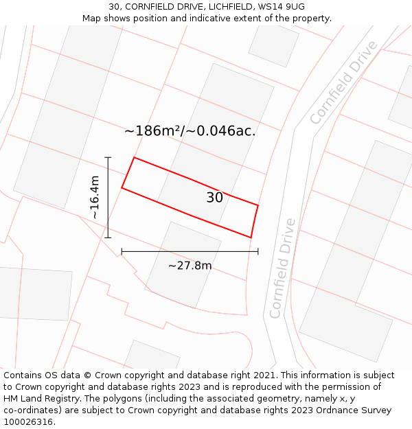 30, CORNFIELD DRIVE, LICHFIELD, WS14 9UG: Plot and title map