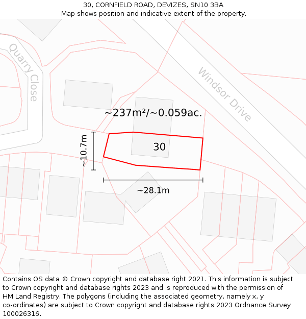 30, CORNFIELD ROAD, DEVIZES, SN10 3BA: Plot and title map