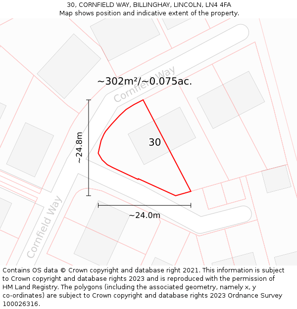 30, CORNFIELD WAY, BILLINGHAY, LINCOLN, LN4 4FA: Plot and title map