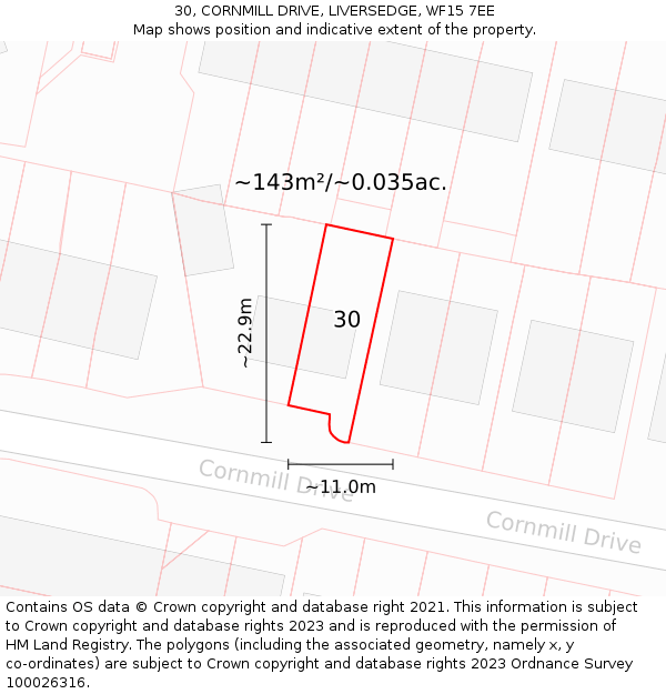 30, CORNMILL DRIVE, LIVERSEDGE, WF15 7EE: Plot and title map