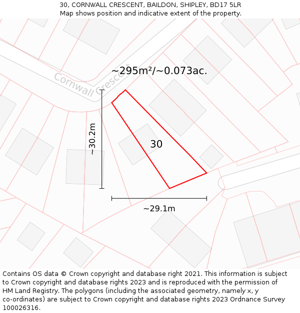 30, CORNWALL CRESCENT, BAILDON, SHIPLEY, BD17 5LR: Plot and title map