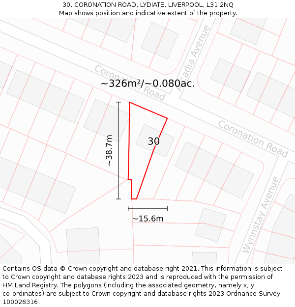 30, CORONATION ROAD, LYDIATE, LIVERPOOL, L31 2NQ: Plot and title map