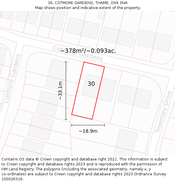 30, COTMORE GARDENS, THAME, OX9 3NA: Plot and title map