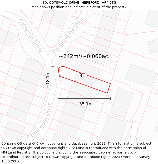 30, COTSWOLD DRIVE, HEREFORD, HR4 0TG: Plot and title map