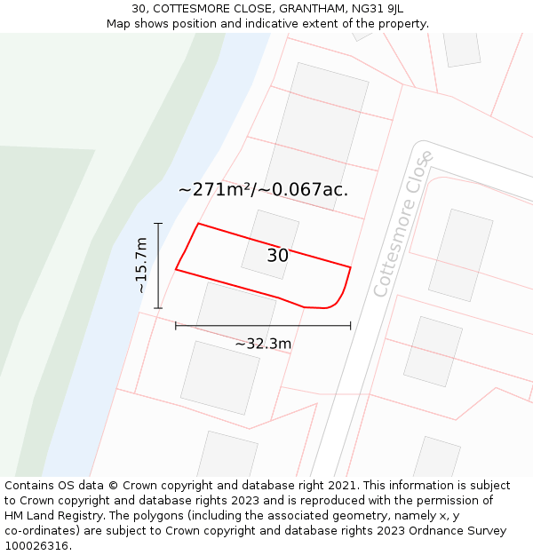 30, COTTESMORE CLOSE, GRANTHAM, NG31 9JL: Plot and title map