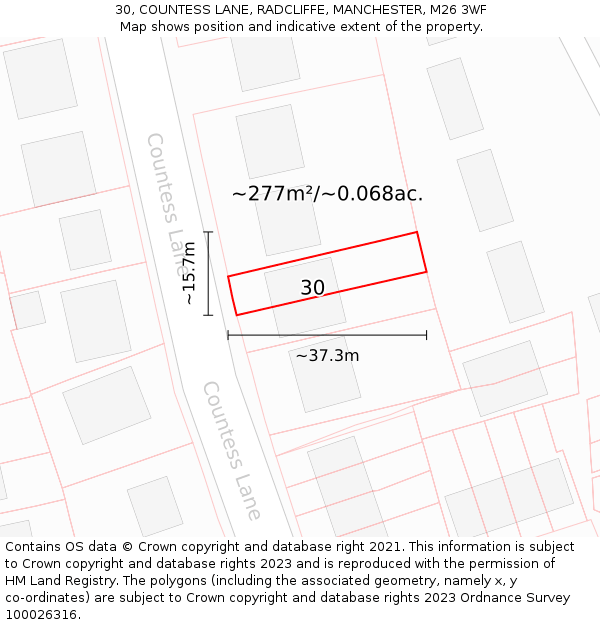 30, COUNTESS LANE, RADCLIFFE, MANCHESTER, M26 3WF: Plot and title map