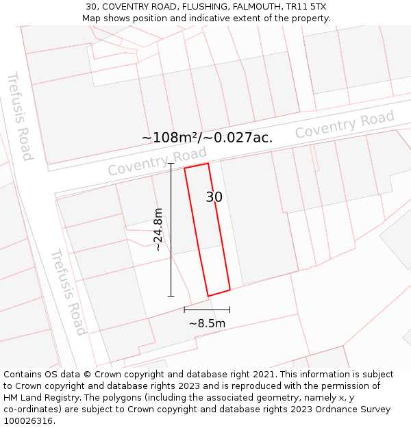 30, COVENTRY ROAD, FLUSHING, FALMOUTH, TR11 5TX: Plot and title map