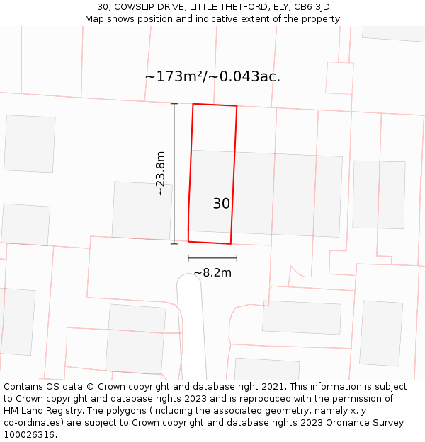 30, COWSLIP DRIVE, LITTLE THETFORD, ELY, CB6 3JD: Plot and title map