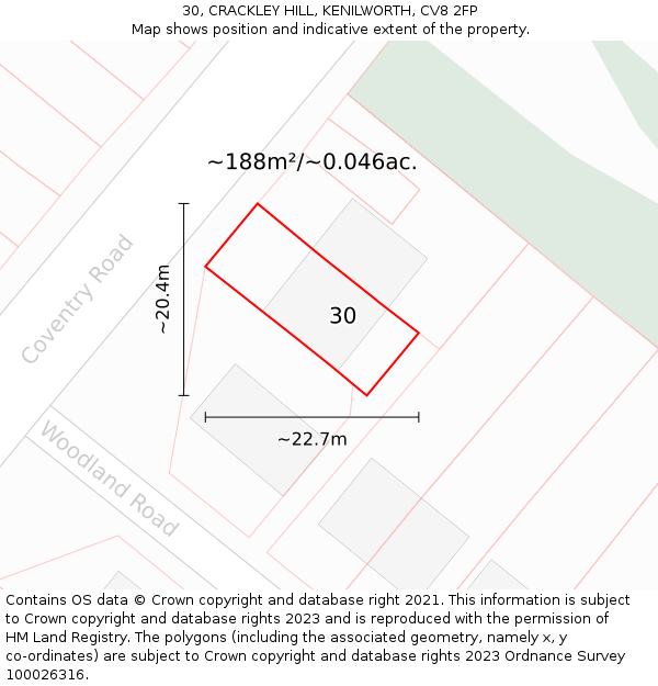 30, CRACKLEY HILL, KENILWORTH, CV8 2FP: Plot and title map