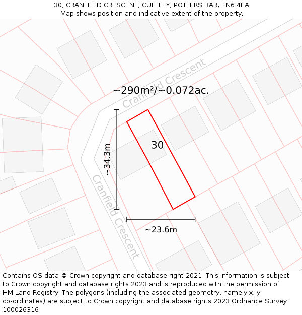 30, CRANFIELD CRESCENT, CUFFLEY, POTTERS BAR, EN6 4EA: Plot and title map
