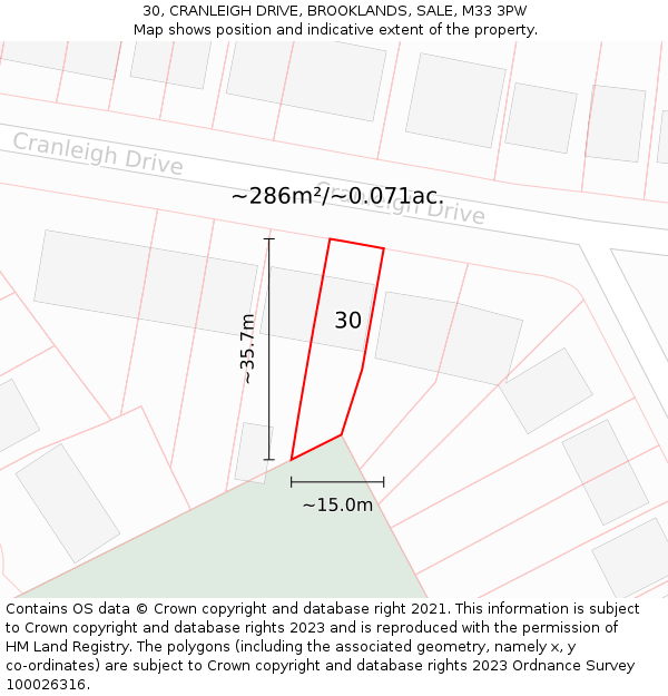 30, CRANLEIGH DRIVE, BROOKLANDS, SALE, M33 3PW: Plot and title map
