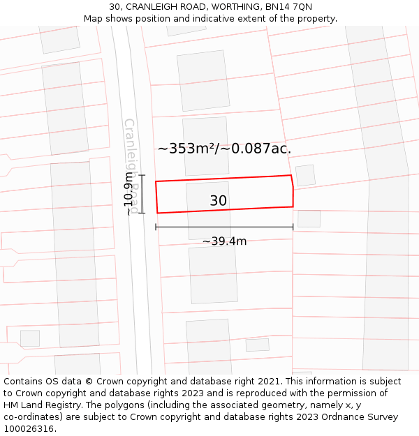 30, CRANLEIGH ROAD, WORTHING, BN14 7QN: Plot and title map