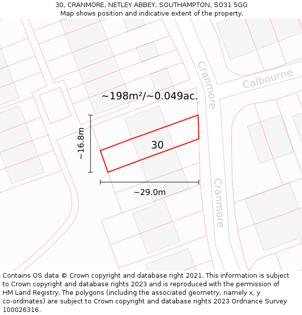 30, CRANMORE, NETLEY ABBEY, SOUTHAMPTON, SO31 5GG: Plot and title map