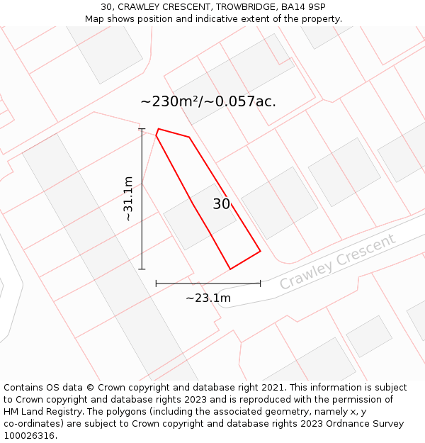 30, CRAWLEY CRESCENT, TROWBRIDGE, BA14 9SP: Plot and title map