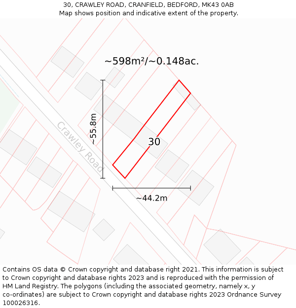 30, CRAWLEY ROAD, CRANFIELD, BEDFORD, MK43 0AB: Plot and title map