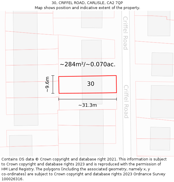30, CRIFFEL ROAD, CARLISLE, CA2 7QP: Plot and title map