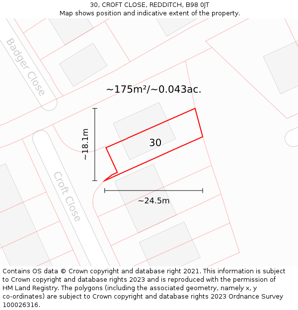 30, CROFT CLOSE, REDDITCH, B98 0JT: Plot and title map
