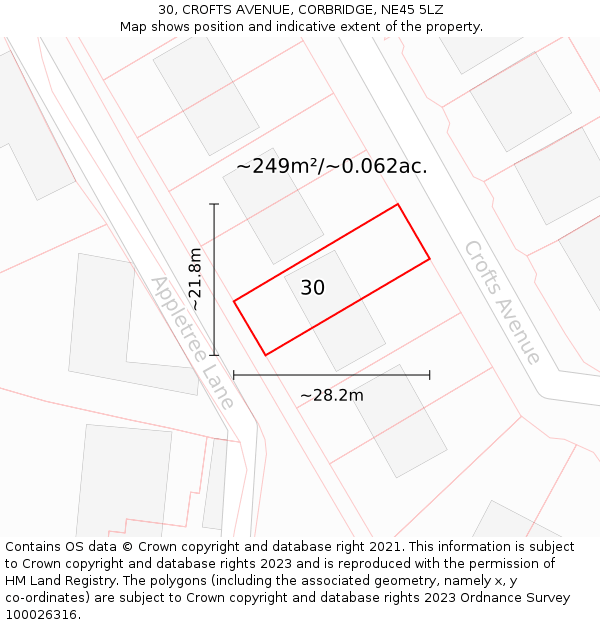 30, CROFTS AVENUE, CORBRIDGE, NE45 5LZ: Plot and title map
