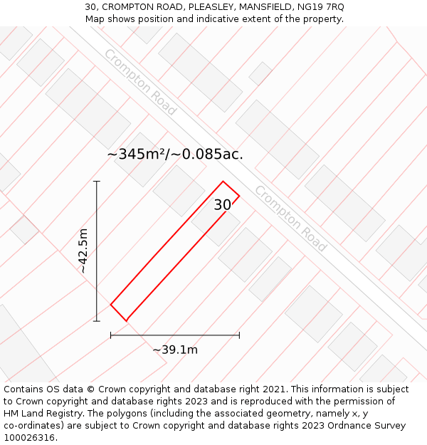 30, CROMPTON ROAD, PLEASLEY, MANSFIELD, NG19 7RQ: Plot and title map