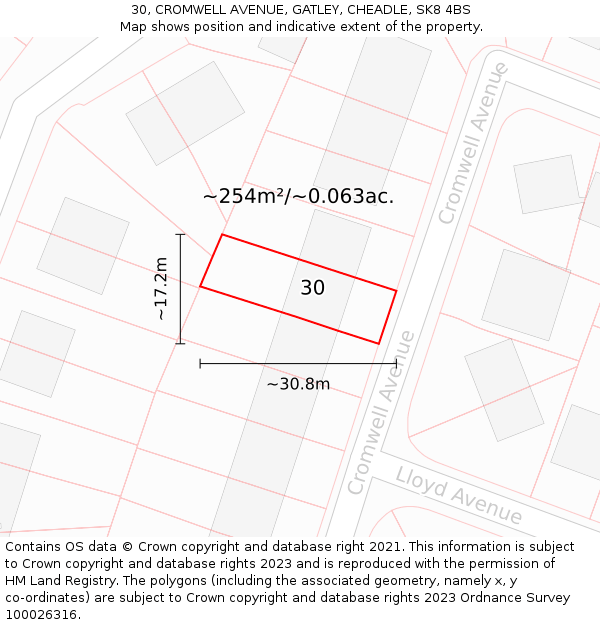 30, CROMWELL AVENUE, GATLEY, CHEADLE, SK8 4BS: Plot and title map