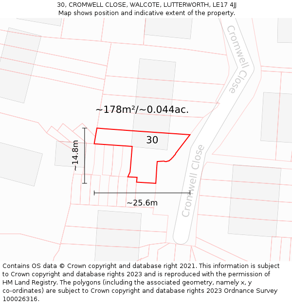30, CROMWELL CLOSE, WALCOTE, LUTTERWORTH, LE17 4JJ: Plot and title map