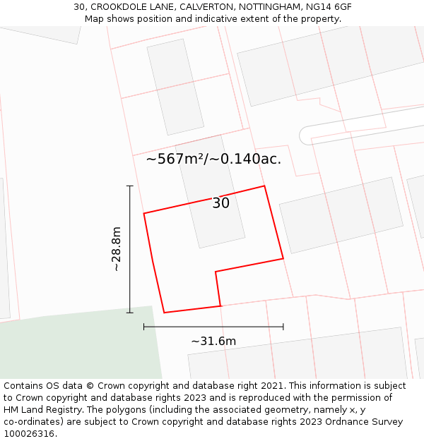 30, CROOKDOLE LANE, CALVERTON, NOTTINGHAM, NG14 6GF: Plot and title map