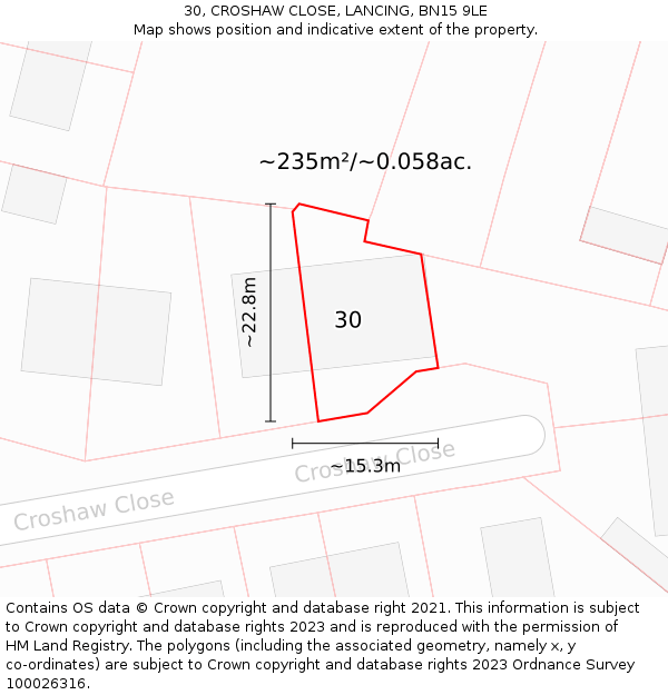 30, CROSHAW CLOSE, LANCING, BN15 9LE: Plot and title map