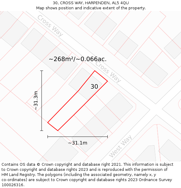30, CROSS WAY, HARPENDEN, AL5 4QU: Plot and title map