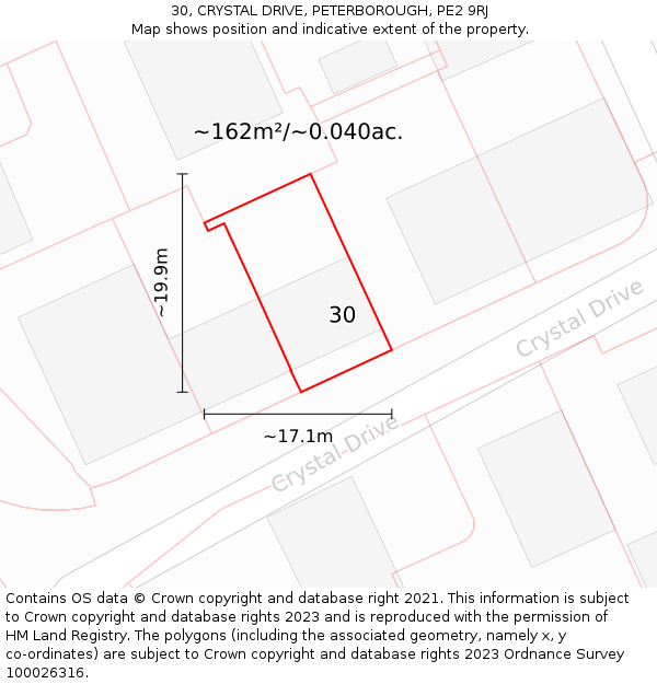 30, CRYSTAL DRIVE, PETERBOROUGH, PE2 9RJ: Plot and title map