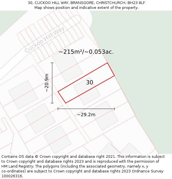 30, CUCKOO HILL WAY, BRANSGORE, CHRISTCHURCH, BH23 8LF: Plot and title map