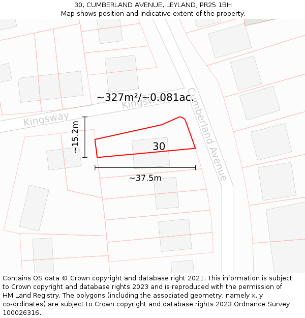 30, CUMBERLAND AVENUE, LEYLAND, PR25 1BH: Plot and title map