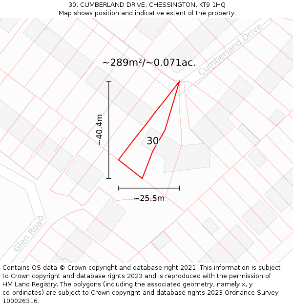 30, CUMBERLAND DRIVE, CHESSINGTON, KT9 1HQ: Plot and title map