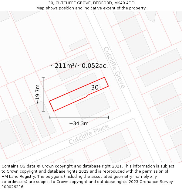 30, CUTCLIFFE GROVE, BEDFORD, MK40 4DD: Plot and title map