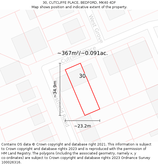 30, CUTCLIFFE PLACE, BEDFORD, MK40 4DF: Plot and title map
