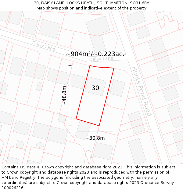 30, DAISY LANE, LOCKS HEATH, SOUTHAMPTON, SO31 6RA: Plot and title map