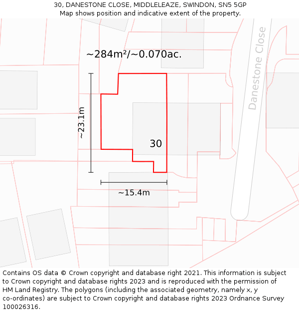 30, DANESTONE CLOSE, MIDDLELEAZE, SWINDON, SN5 5GP: Plot and title map