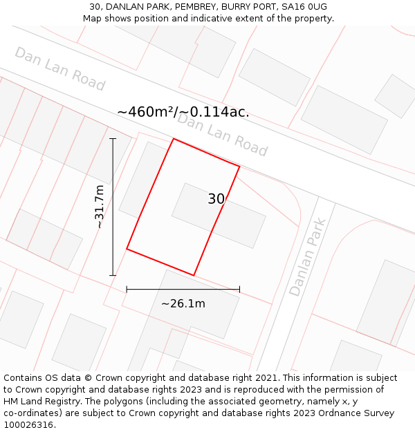 30, DANLAN PARK, PEMBREY, BURRY PORT, SA16 0UG: Plot and title map